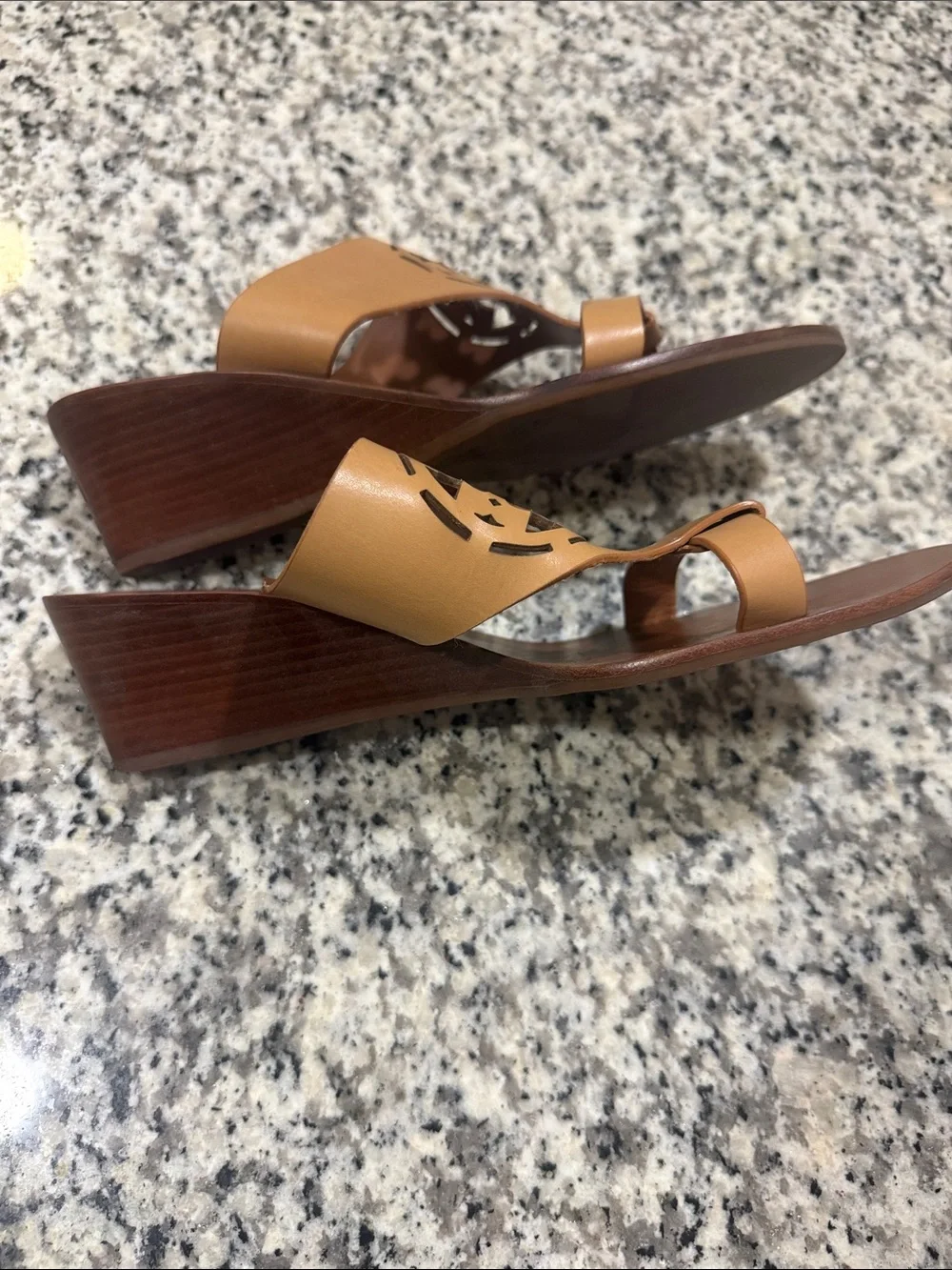 Tory Burch Cognac Tan Leather Cutout Logo Slide Sandals